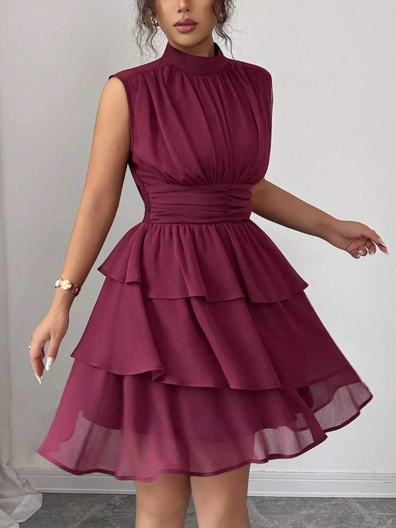 Sleeveless Mock Neck Layered Ruffle Dress 6f2bcf5f-194b-4553-961e-900191d72458-Max-Origin