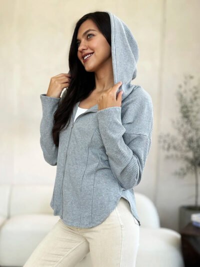 Culture Code Full Size Ribbed Zip Up Drawstring Hooded Jacket 74f3142d-0295-4eb7-ab12-4e78a441dd8f-Max