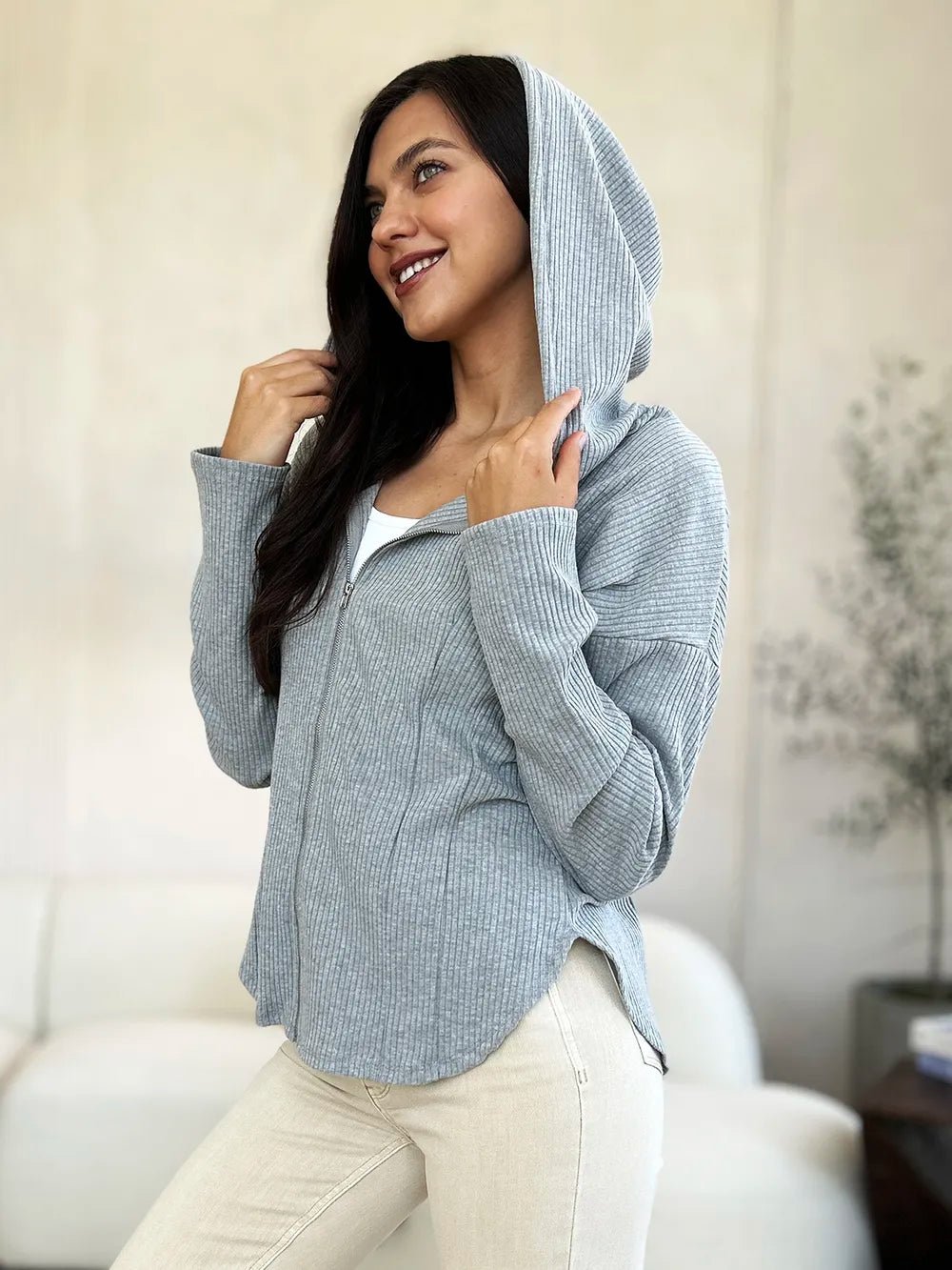 Culture Code Full Size Ribbed Zip Up Drawstring Hooded Jacket 74f3142d-0295-4eb7-ab12-4e78a441dd8f-Max