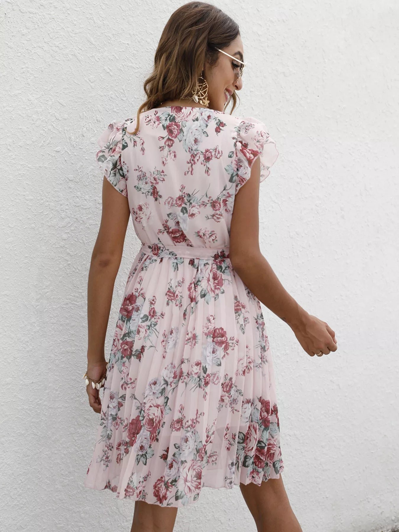 Pleated Floral Print Ruffle Sleeve Dress 75d55f091f554de688f2dcf593b8517f-Max-Origin