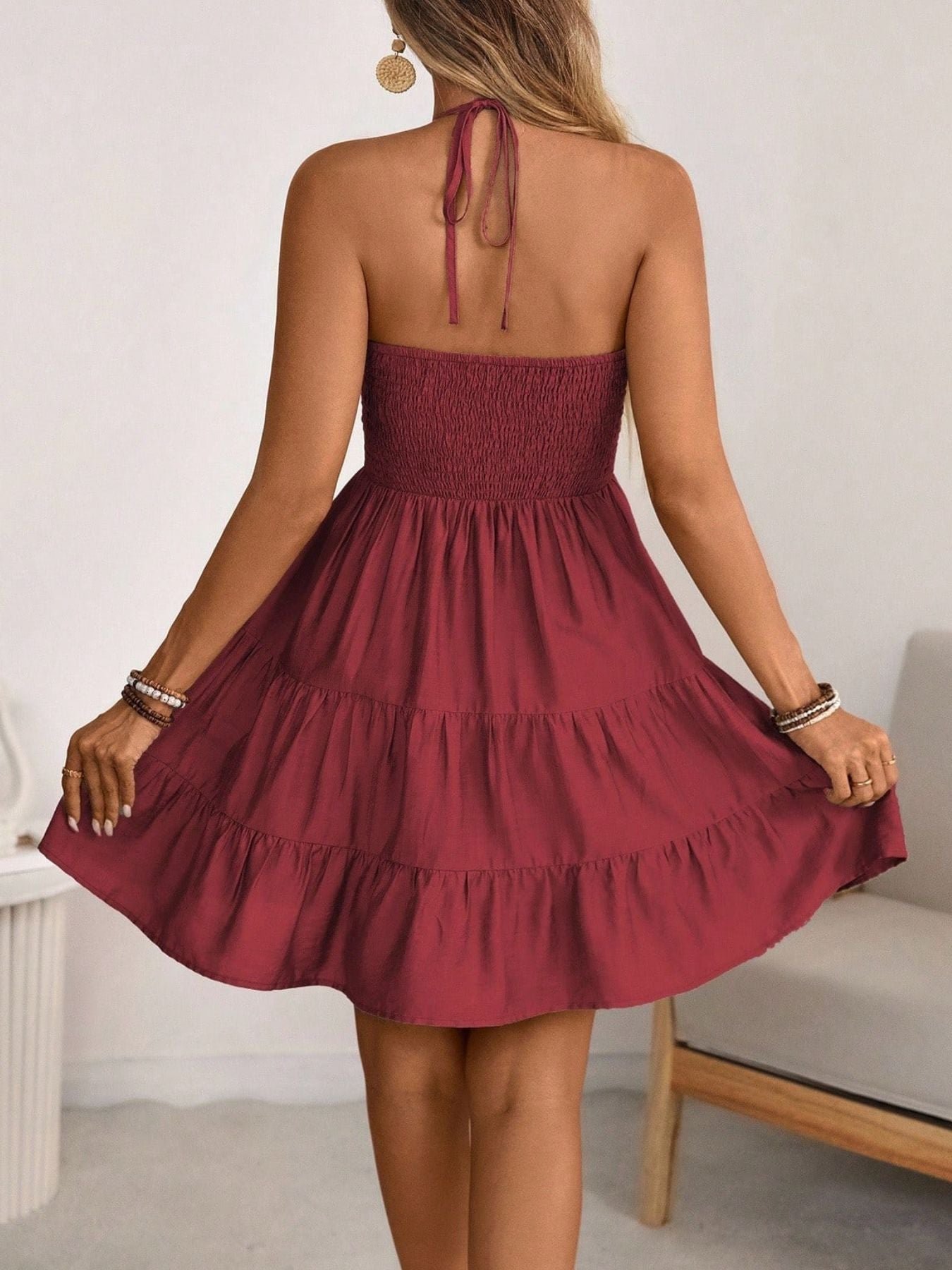 Smocked Halter Neck Tiered Dress 77a2ae1e-747e-4122-a2c0-dbc977015aea-Max