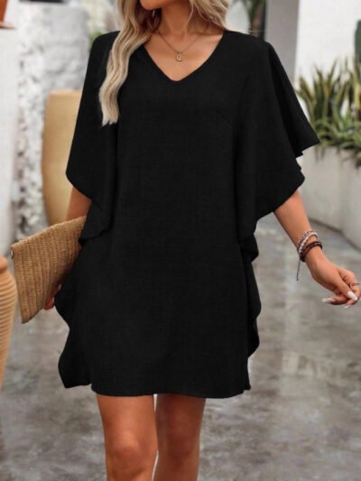 Solid-color Loose-fitting Flowing V-neck Dress With Ruffled Hem Solid-color Loose-fitting Flowing V-neck Dress With Ruffled Hem