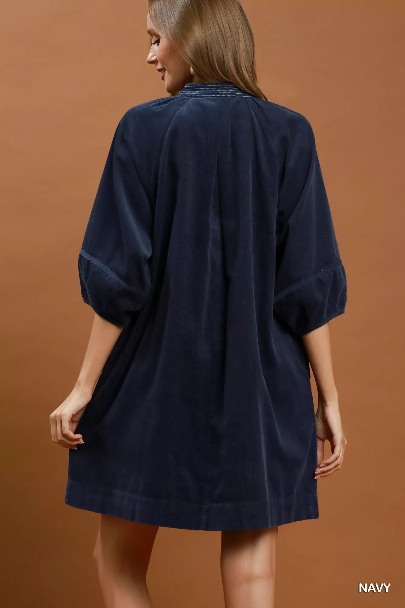 Umgee Corduroy V-Neck Puff Sleeve Shift Dress with Pockets 7bb94489-8b45-4dc9-afec-78ebf6d6375d-Max-Origin