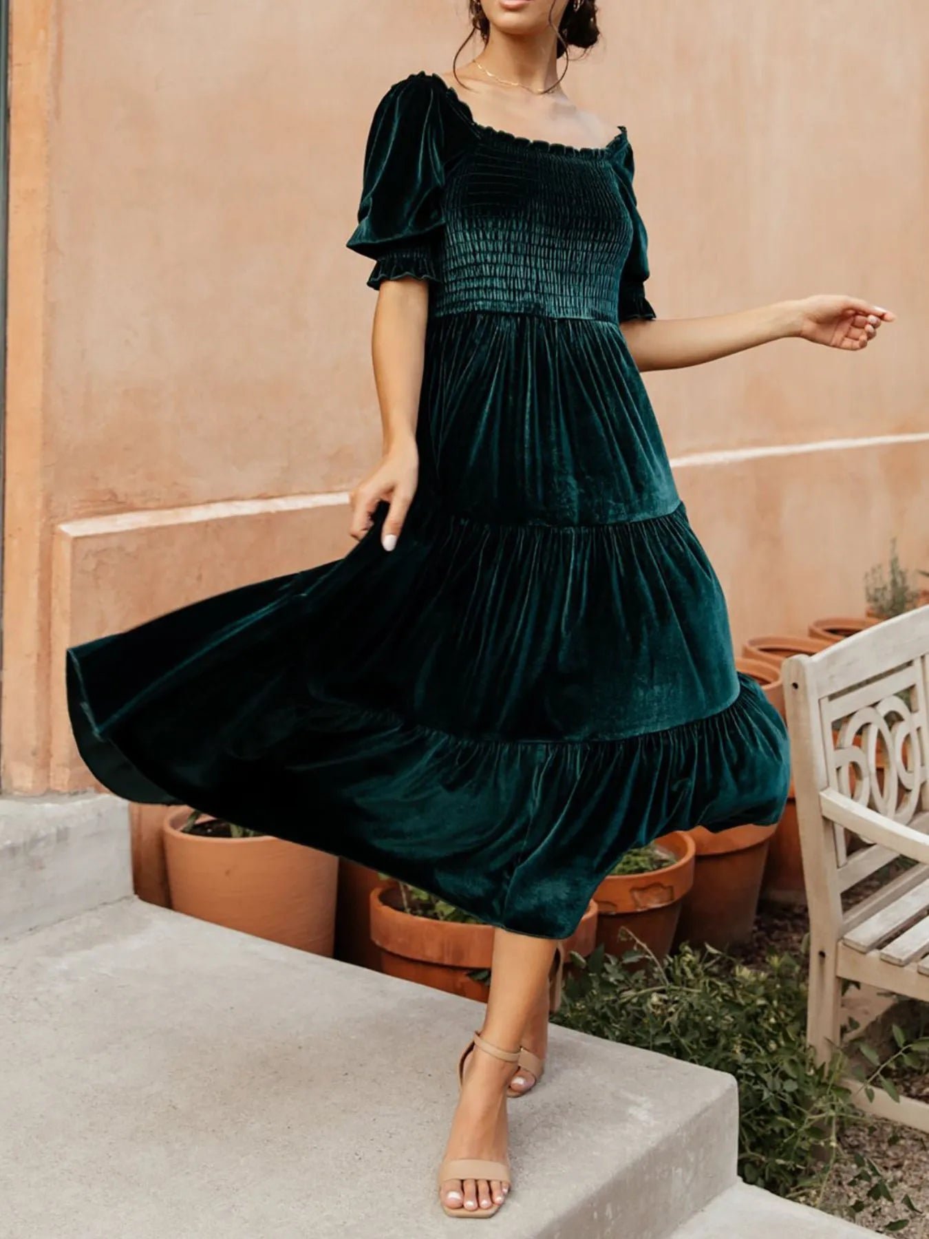 Smocked Half Sleeve Tiered Midi Dress 7be98dbc-737d-4f3e-a60b-150bf5a28546-Max-Origin