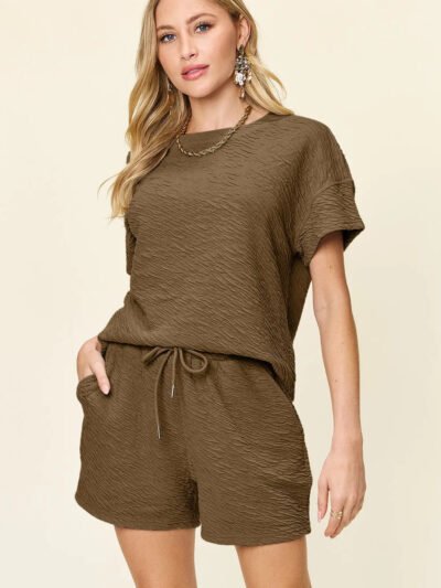 Double Take Full Size Texture Short Sleeve T-Shirt and Drawstring Shorts Set 7c7631b1-bcf5-4b79-a695-b0ba20b1ceb7-Max
