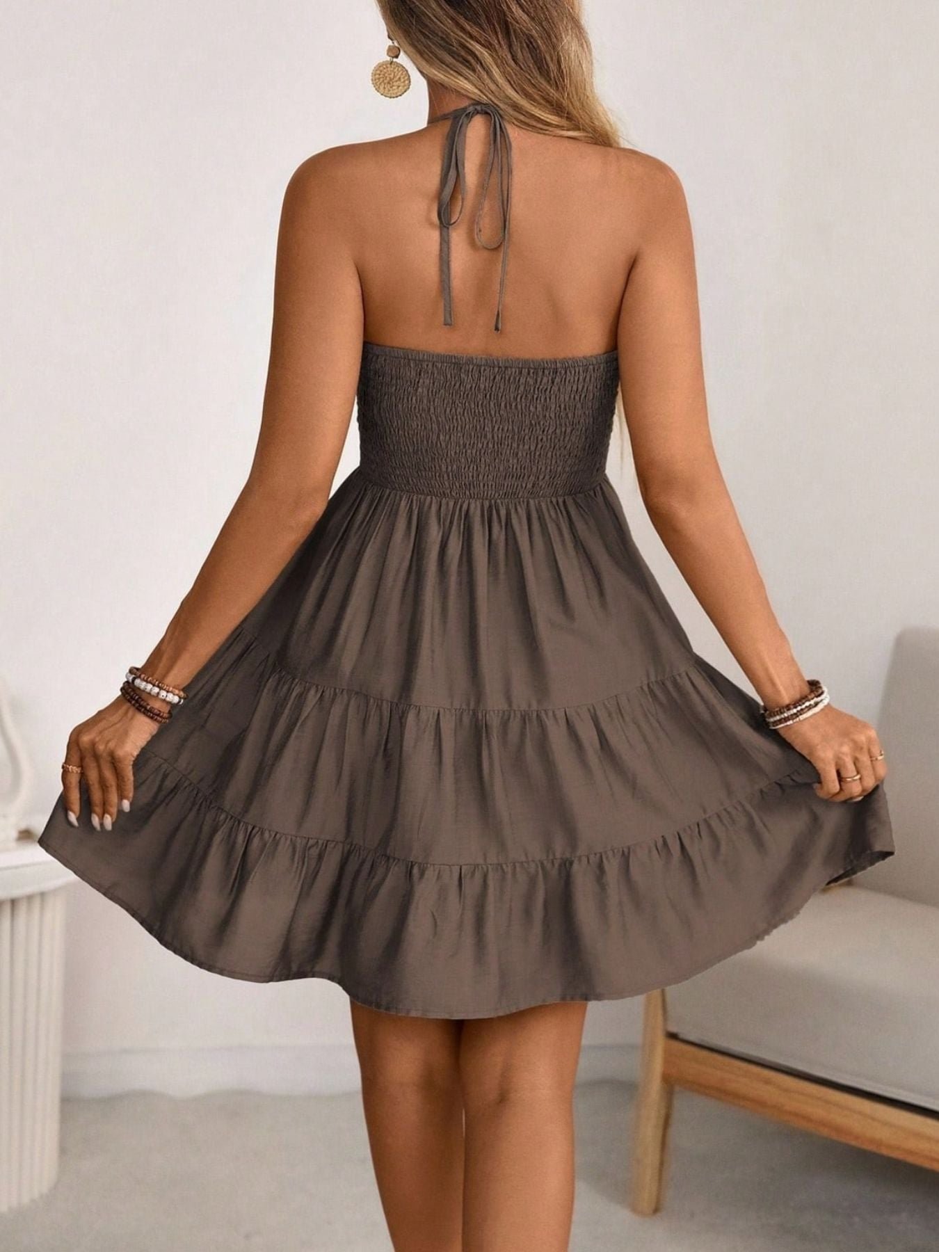 Smocked Halter Neck Tiered Dress 7d4a6dd5-e3db-4c56-a2bf-01595a336a9e-Max