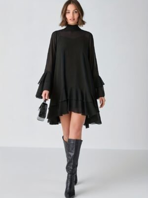 Chiffon Half-high Neck Dress With Flared Sleeves Chiffon Half-high Neck Dress With Flared Sleeves