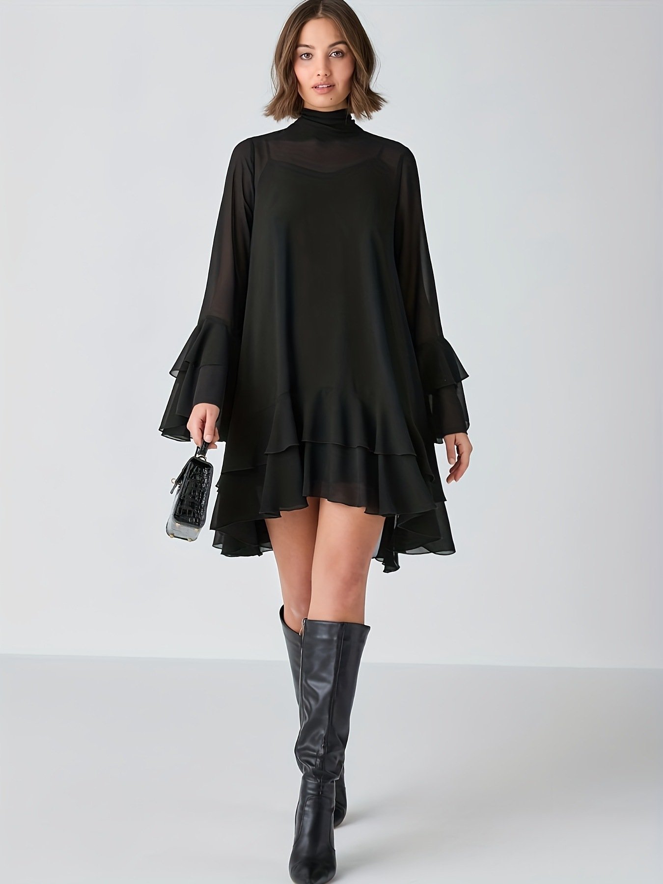 Chiffon Half-high Neck Dress With Flared Sleeves Chiffon Half-high Neck Dress With Flared Sleeves - Image 6