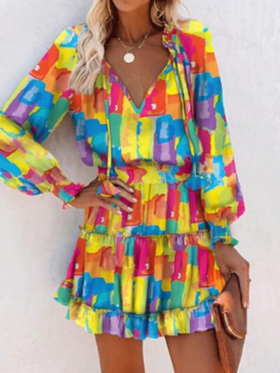 Flowers Print Long Sleeve Dress Fashion Patchwork Puff Sleeve Waist Dresses Womens Clothing