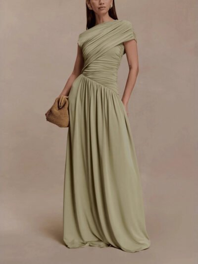Elegant Solid-Color Pleated Asymmetrical-Neck Bodycon Dress