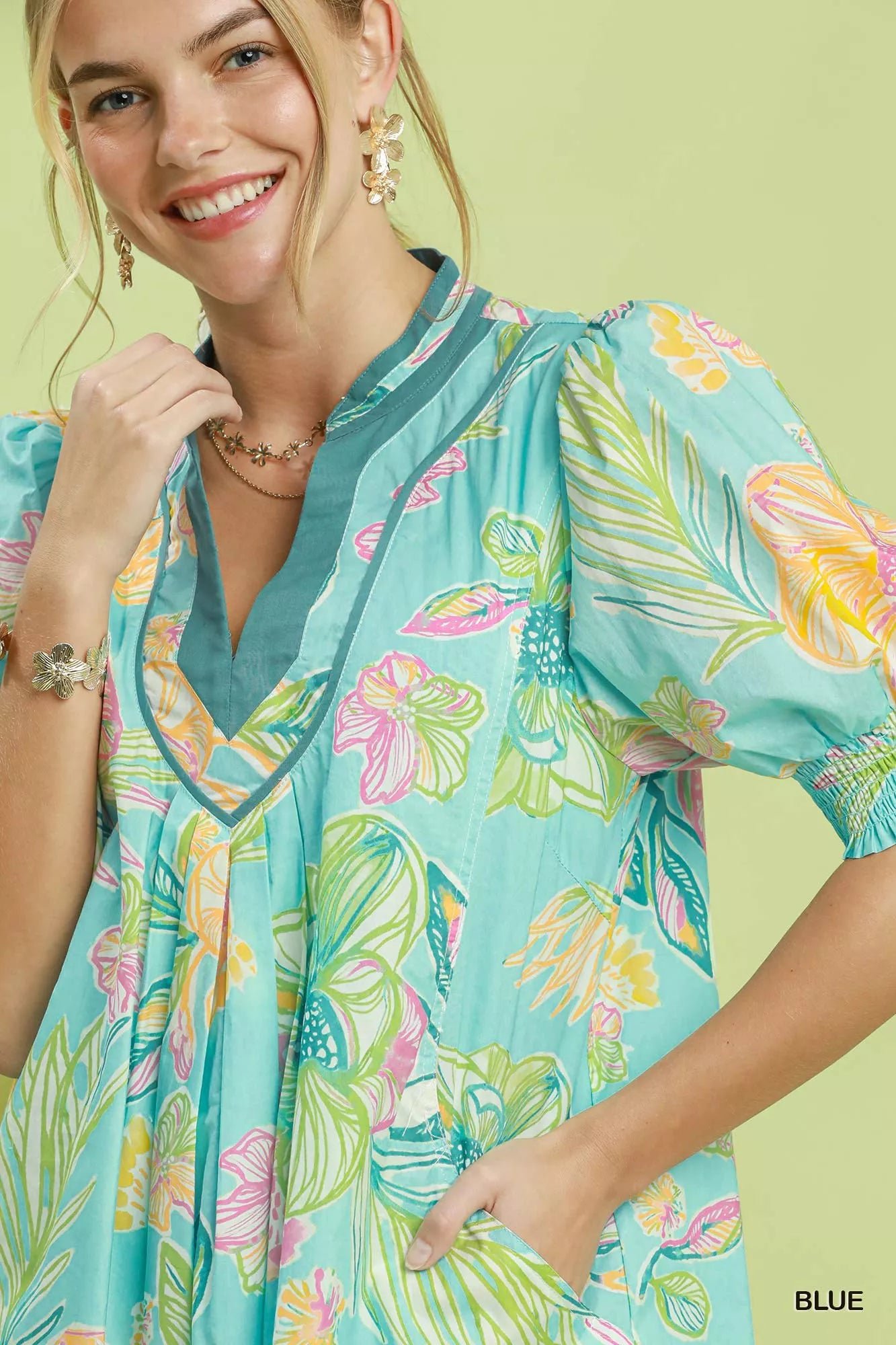 Umgee Botanical Print Dress with Smocked Cuffs 818abe1e-e941-4337-8a0b-487590c86449-Max-Origin