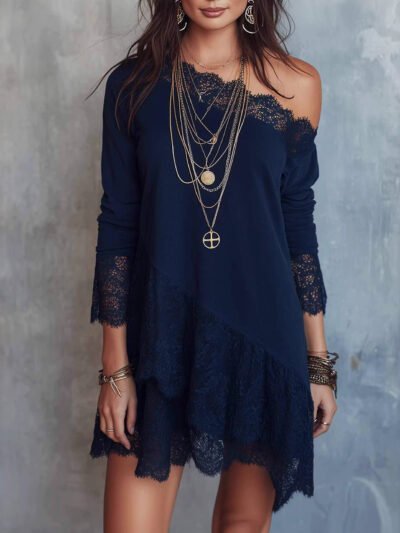 Casual Western-style Lace-Patchwork Loose Short Dress