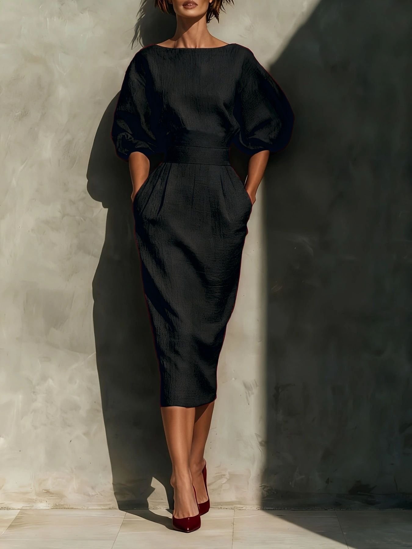 Round Neck Puff Sleeves Midi Dress 82d4d3a9-d564-46b0-b5b1-e41e880e32f7-Max