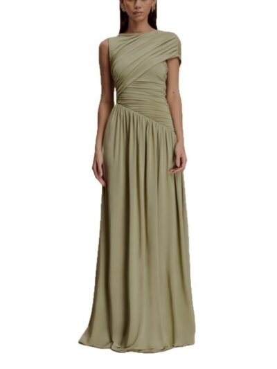 Elegant Solid-Color Pleated Asymmetrical-Neck Bodycon Dress