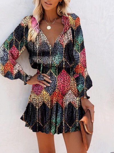 Flowers Print Long Sleeve Dress Fashion Patchwork Puff Sleeve Waist Dresses Womens Clothing