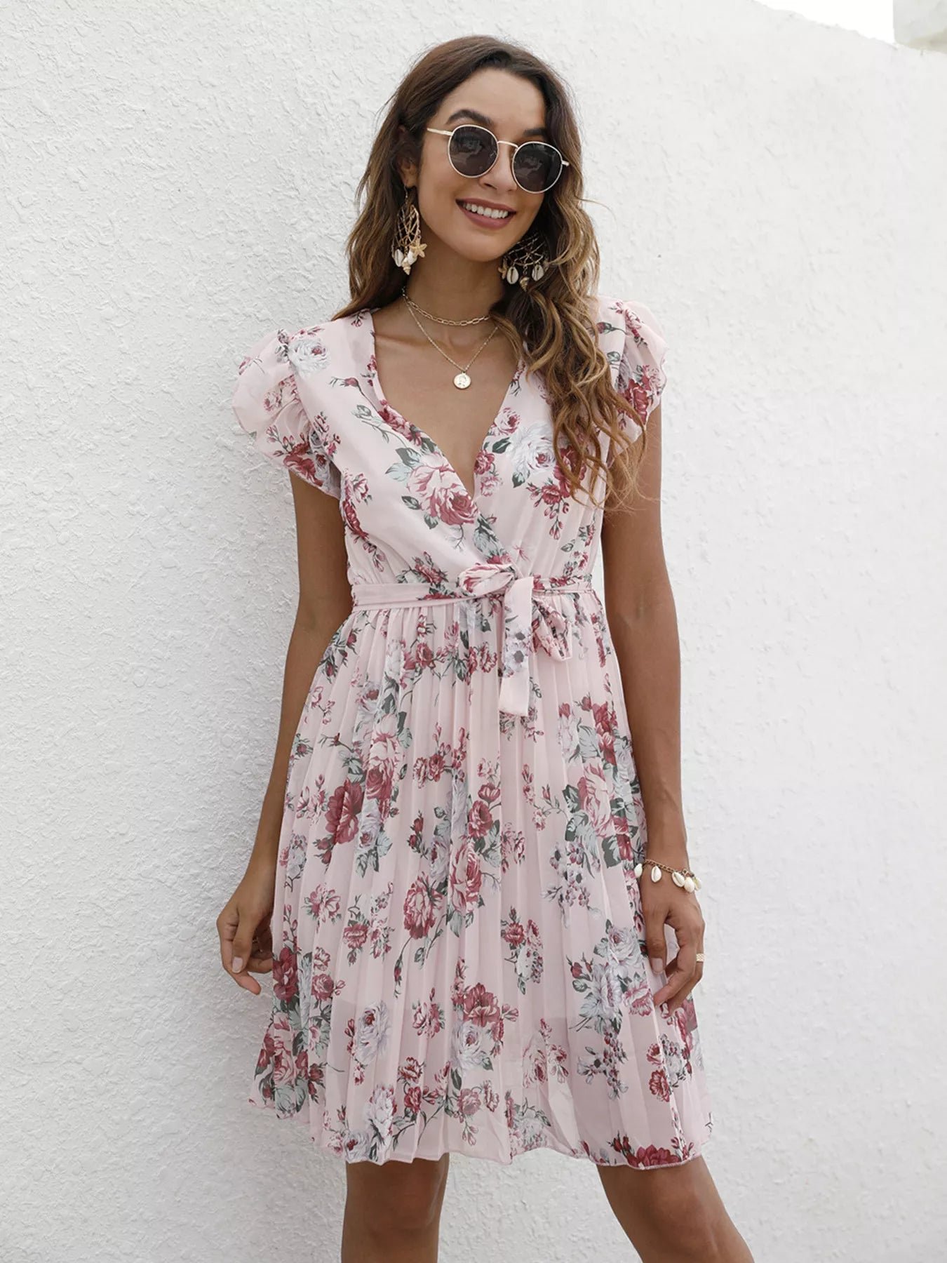 Pleated Floral Print Ruffle Sleeve Dress 89b04e85bb844a57ade3ca8585bf254c-Max-Origin