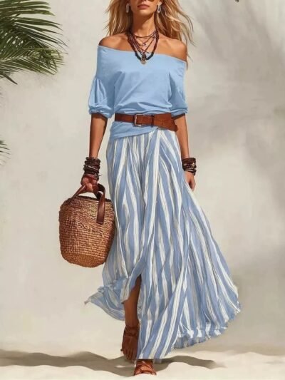 Off Shoulder Top and Striped Maxi Skirt Set 32460324111840dea85e8d1859f14303-Max-Origin