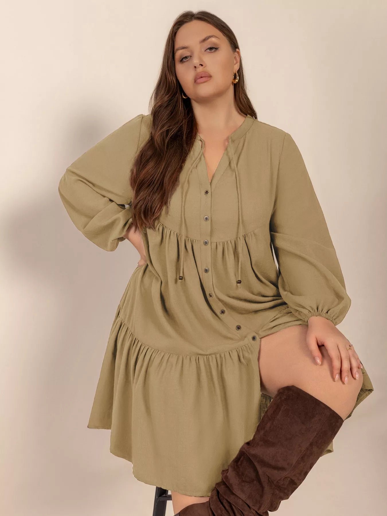 Plus Size Tie Neck Balloon Sleeve Dress 8b2c58c4-17c8-46b2-a5d6-f8b1e6eb5610-Max-Origin