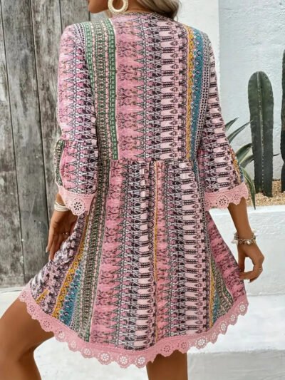 Lace Trim Printed V-Neck 3/4 Sleeve Dress 8c108ebc-49e5-441a-8c2f-a584603fe609-Max