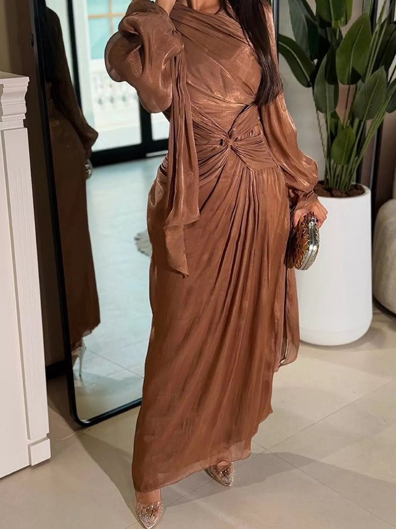 Front Twisted Draped Long Sleeve Maxi Dress 91d5d58185954a8f8d0bd9b16a375c40-Max-Origin
