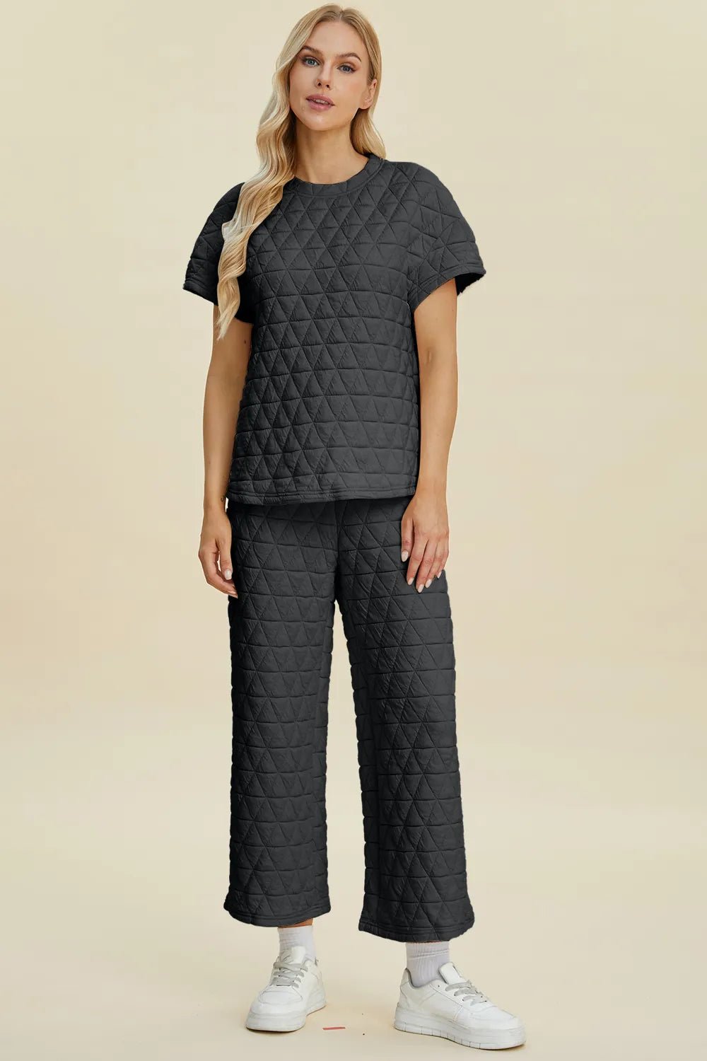 Double Take Full Size Texture Round Neck Short Sleeve Top and Pants Set 9205e6e7-d27c-4d9e-9956-e85a6b228fca-Max