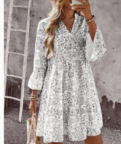 Loose V-neck Ruffle Floral Dress For Women Loose V-neck Ruffle Floral Dress For Women
