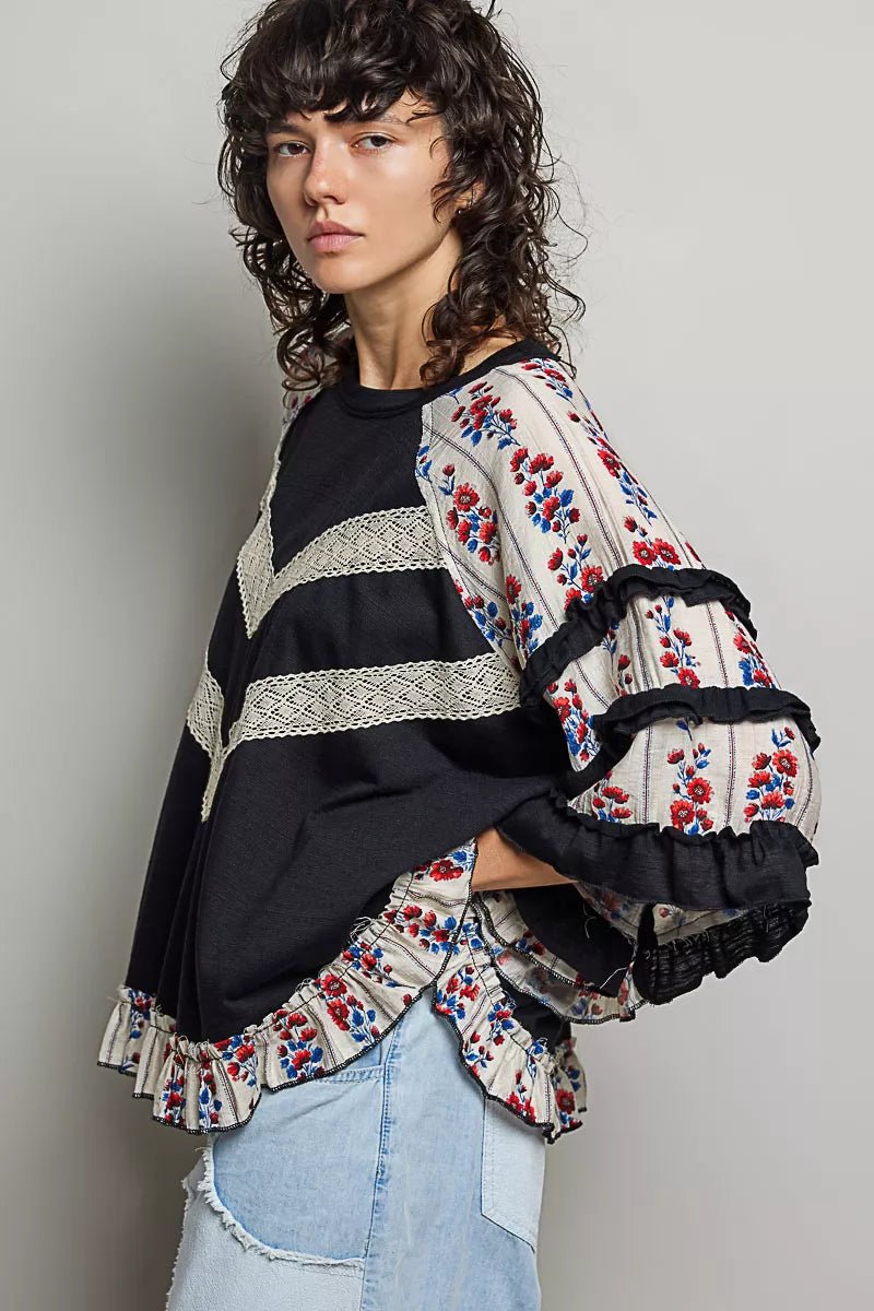 POL Round Neck Half Sleeve Contrast Floral Lace Oversized Knit Top 937aa62e-3121-4ef8-8856-6ff40cfc8381-Max-Origin