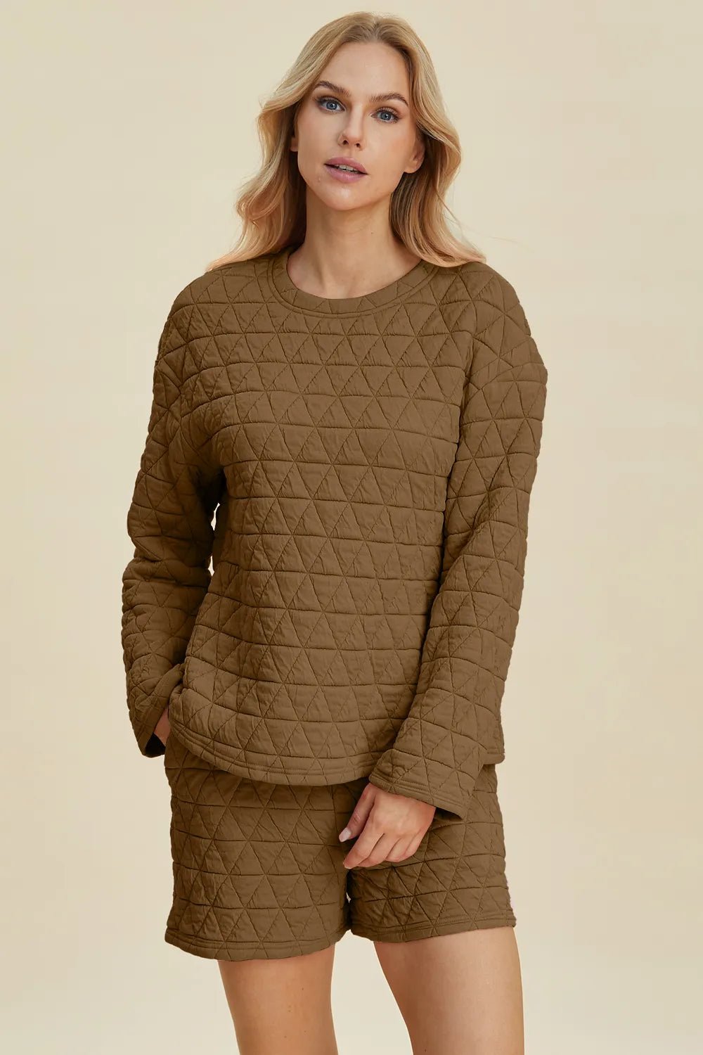 Double Take Full Size Texture Round Neck Long Sleeve Top and Shorts Set 9eef3c52-94cb-440c-b229-e6a25d925c7f-Max