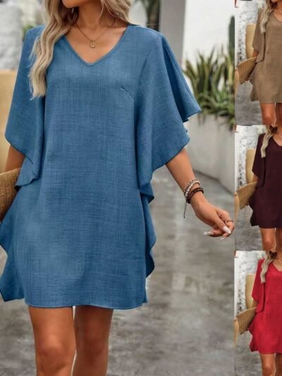 Solid-color Loose-fitting Flowing V-neck Dress With Ruffled Hem