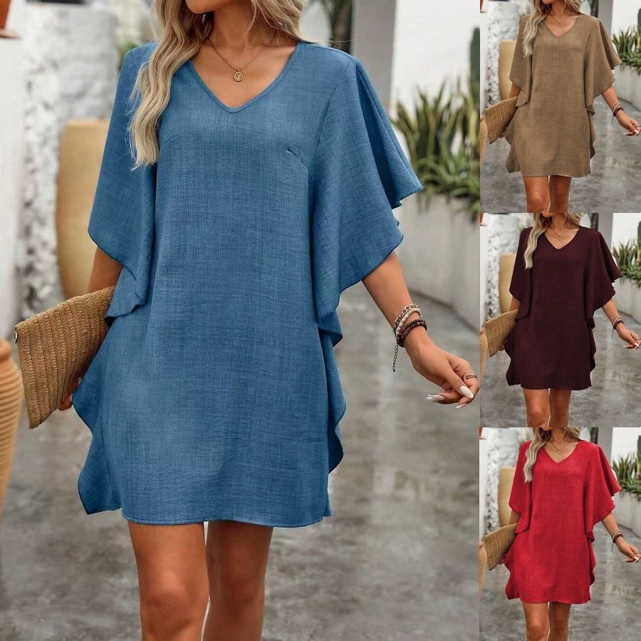 Solid-color Loose-fitting Flowing V-neck Dress With Ruffled Hem Solid-color Loose-fitting Flowing V-neck Dress With Ruffled Hem