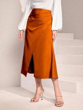 Satin High Waisted Maxi Skirt front slit A line long skirt for women