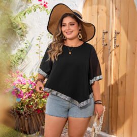 Plus Size Loose Round Neck Irregular Hem Top - Image 2