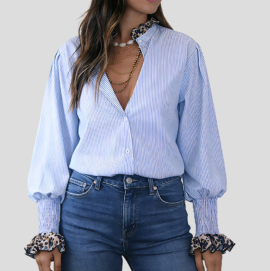 Striped Leopard Patchwork Button Down Shirt Striped Leopard Patchwork Button Down Shirt - Image 3