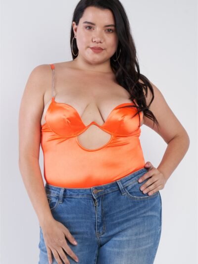 Plus Size Silk Chain Spaghetti Strap High Thong Center Cut Out Bodysuit Plus Size Silk Chain Spaghetti Strap High Thong Center Cut Out Bodysuit