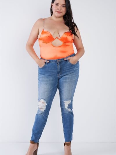 Plus Size Silk Chain Spaghetti Strap High Thong Center Cut Out Bodysuit Plus Size Silk Chain Spaghetti Strap High Thong Center Cut Out Bodysuit