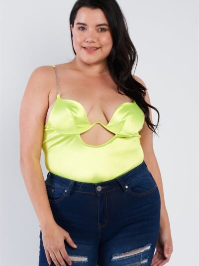 Plus Size Silk Chain Spaghetti Strap High Thong Center Cut Out Bodysuit Plus Size Silk Chain Spaghetti Strap High Thong Center Cut Out Bodysuit