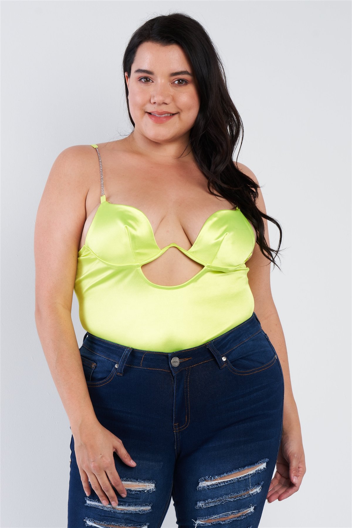 Plus Size Silk Chain Spaghetti Strap High Thong Center Cut Out Bodysuit Plus Size Silk Chain Spaghetti Strap High Thong Center Cut Out Bodysuit - Image 4