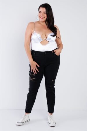 Plus Size Silk Chain Spaghetti Strap High Thong Center Cut Out Bodysuit Plus Size Silk Chain Spaghetti Strap High Thong Center Cut Out Bodysuit