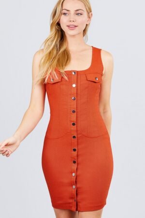 Home Sleeveless Deep Square Neck Button Down Detail Mini Woven Dress