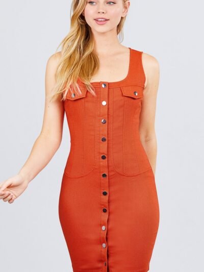 Sleeveless Deep Square Neck Button Down Detail Mini Woven Dress