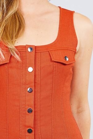 Sleeveless Deep Square Neck Button Down Detail Mini Woven Dress Sleeveless Deep Square Neck Button Down Detail Mini Woven Dress