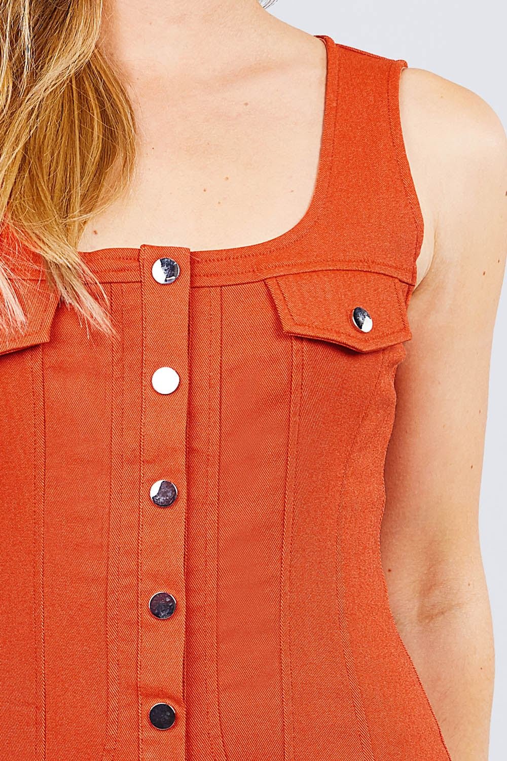 Sleeveless Deep Square Neck Button Down Detail Mini Woven Dress Sleeveless Deep Square Neck Button Down Detail Mini Woven Dress - Image 3