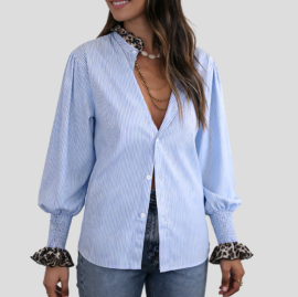 Striped Leopard Patchwork Button Down Shirt Striped Leopard Patchwork Button Down Shirt - Image 6