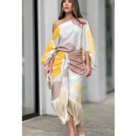 Printed lantern sleeves loose top tassel hem skirt women's set