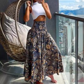 Boho Smocked High Waist Floral Print A Line Maxi Skirt