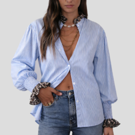 Striped Leopard Patchwork Button Down Shirt Striped Leopard Patchwork Button Down Shirt - Image 7