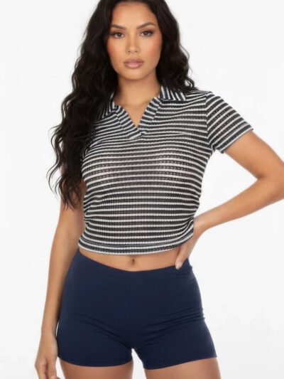 Women's Pineapple Knit Striped Polo Crop Top