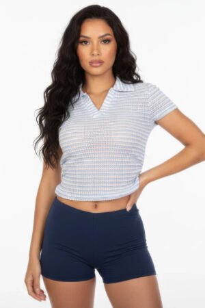 Women's Pineapple Knit Striped Polo Crop Top Women's Pineapple Knit Striped Polo Crop Top