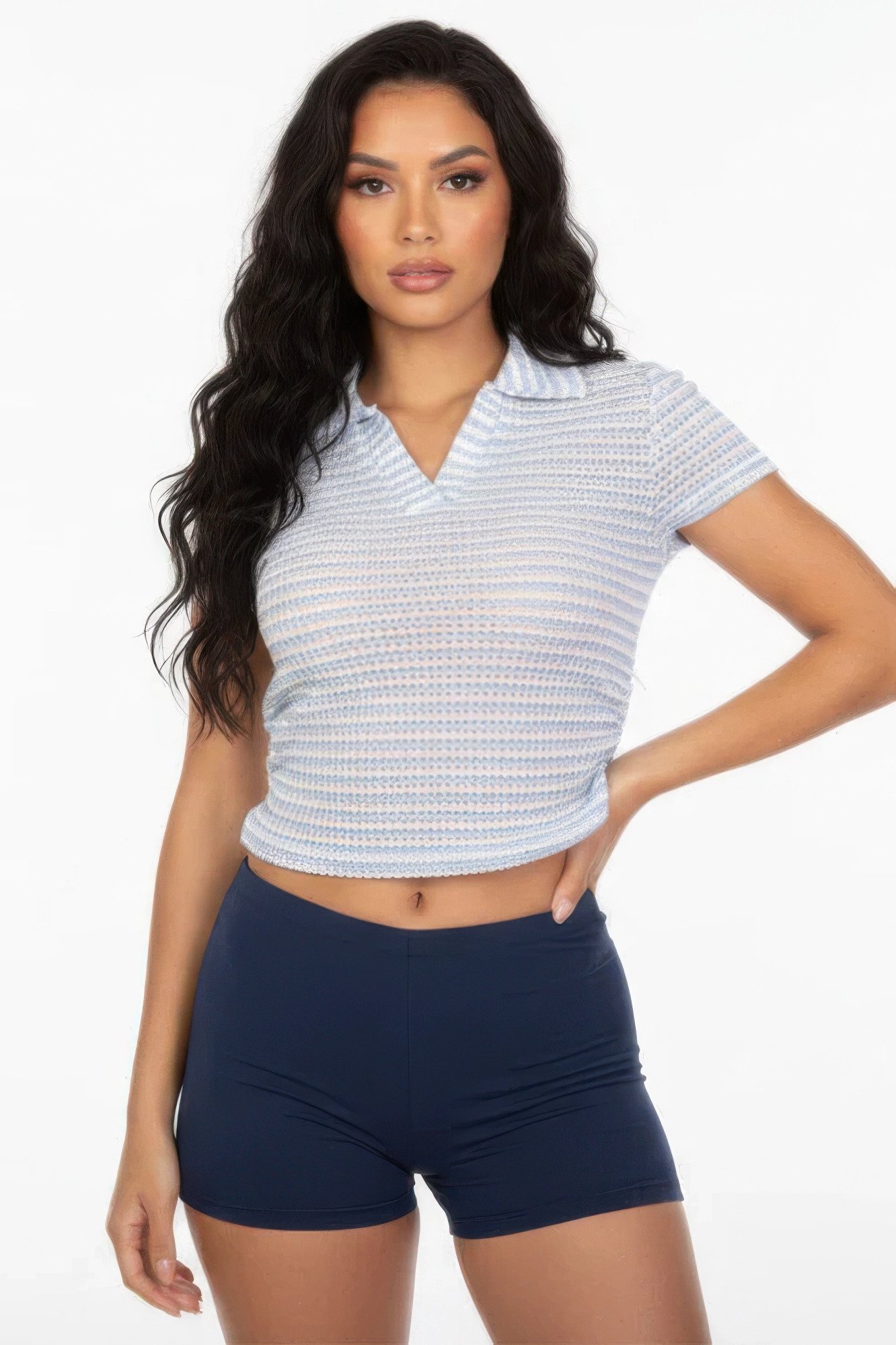 Women's Pineapple Knit Striped Polo Crop Top Women's Pineapple Knit Striped Polo Crop Top - Image 2