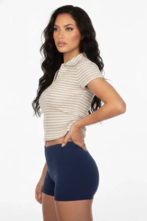 Women's Pineapple Knit Striped Polo Crop Top Women's Pineapple Knit Striped Polo Crop Top